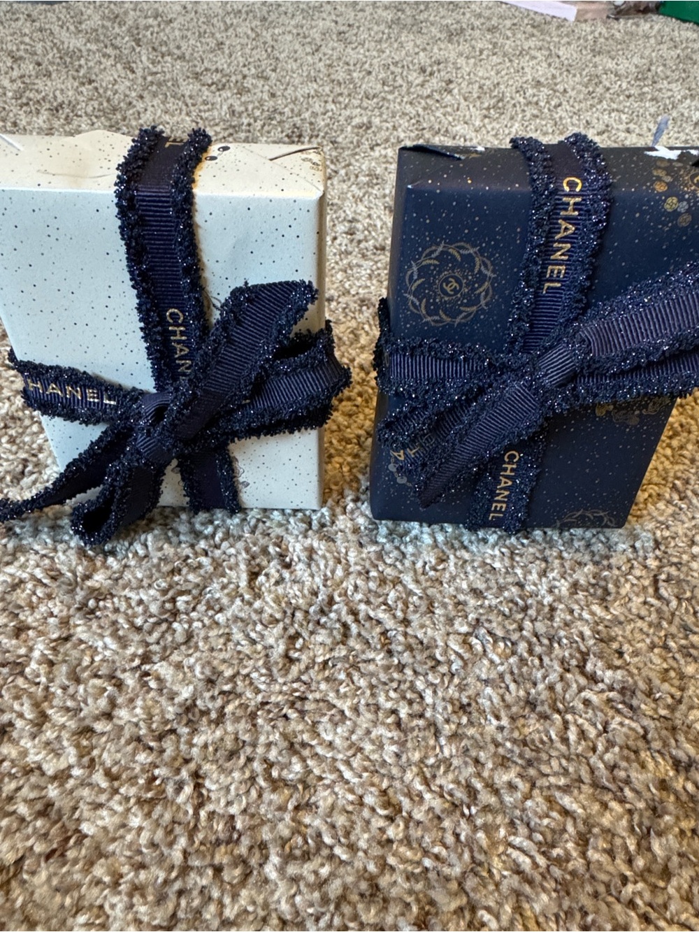 CHANEL Navy Ribbon Gift Boxes in Ivory and Navy